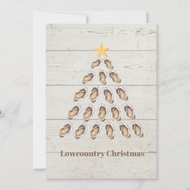 Lowcountry Oyster Weihnachtsbaum auf Holzplanke Feiertagskarte (Vorderseite)