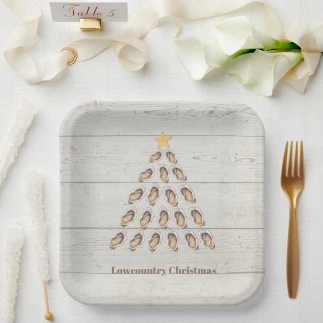 Lowcountry Oyster Weihnachtsbaum auf Holzplanke Pappteller (Hochzeit)