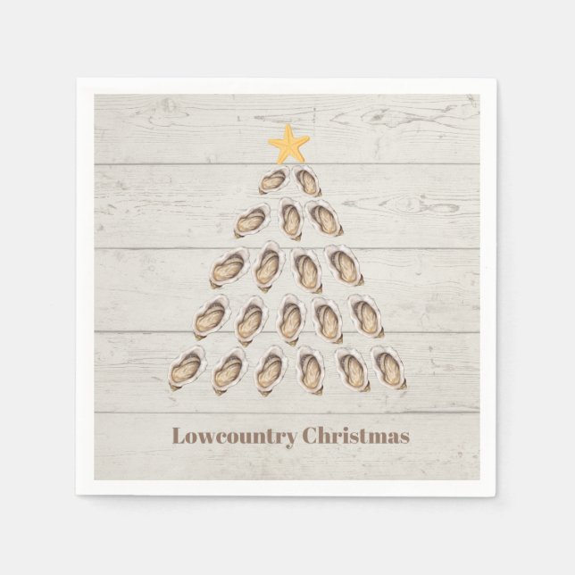 Lowcountry Oyster Weihnachtsbaum auf Holzplanke Serviette (Vorderseite)