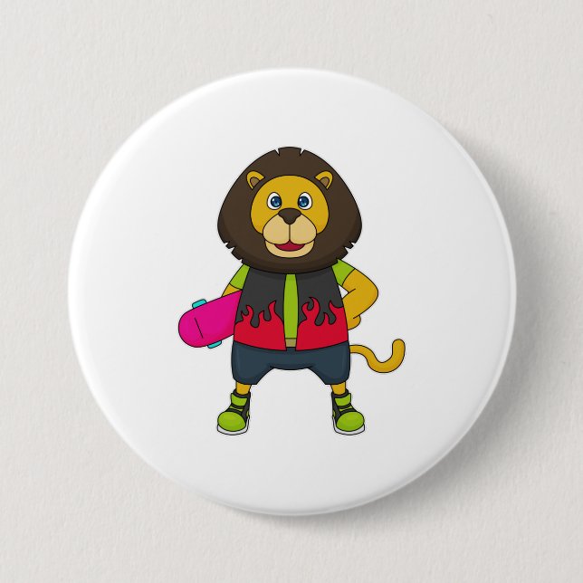 Löwe als Skater mit Skateboard Button (Vorderseite)