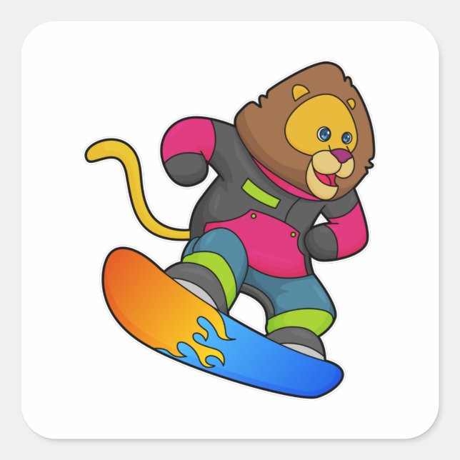 Löwe als Snowboarder mit Snowboard Quadratischer Aufkleber (Vorderseite)