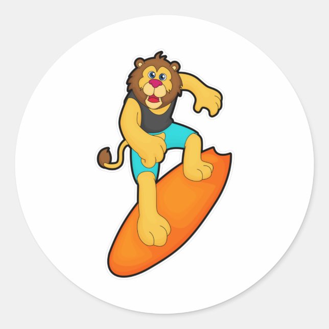 Löwe als Surfer mit Surfbrett Runder Aufkleber (Vorderseite)
