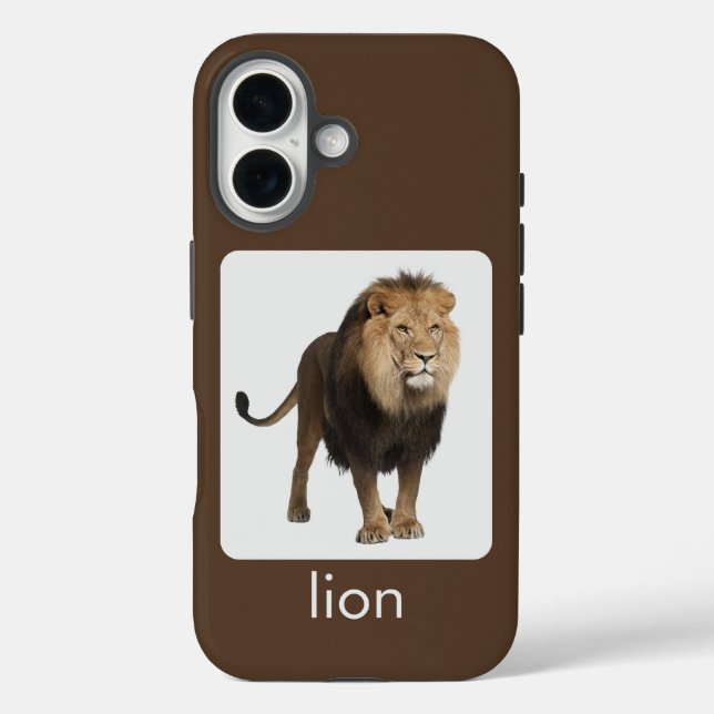 Löwe auf weiß und braun mit Text iPhone 16 Hülle (Rückseite)