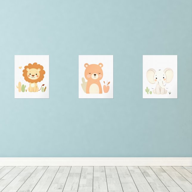Löwe, Bär und Elefant Kinderzimmer Wall Art Set (Holzboden)