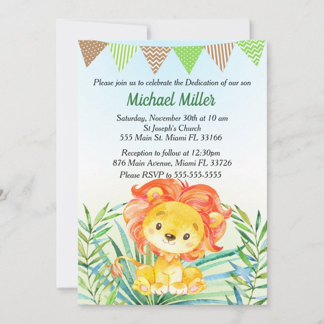 Löwe-CUB-Aquarell-Baby-Widmungs-Einladung Einladung (Vorderseite)