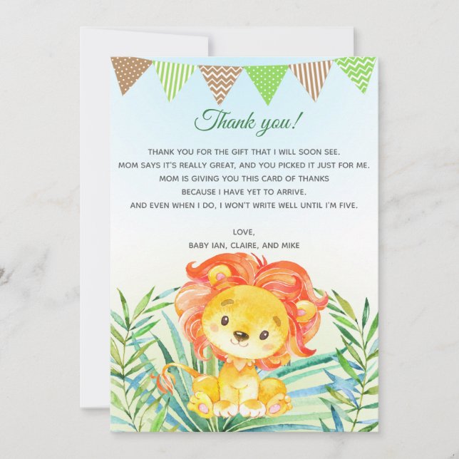 Löwe-CUB-Aquarell-Babyparty danken Ihnen zu Dankeskarte (Vorderseite)