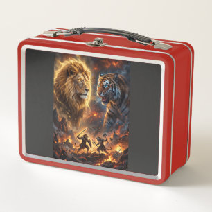 Löwe gegen Tiger Epische Fantasy-Schlacht Wandbeha Metall Brotdose