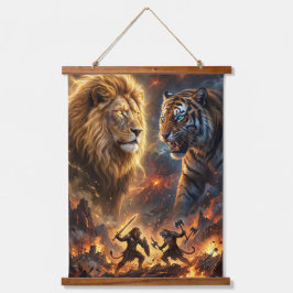 Löwe gegen Tiger Epische Fantasy-Schlacht Wandbeha Wandteppich Mit Holzrahmen