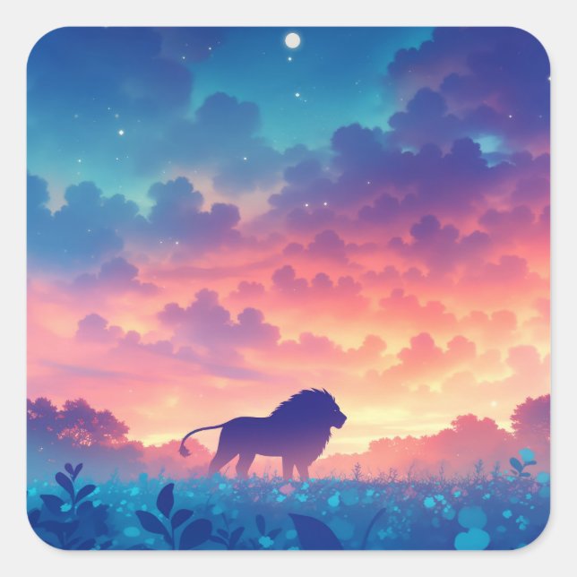 Löwe in einem Feld der Sonnenuntergänge Quadratischer Aufkleber (Vorderseite)