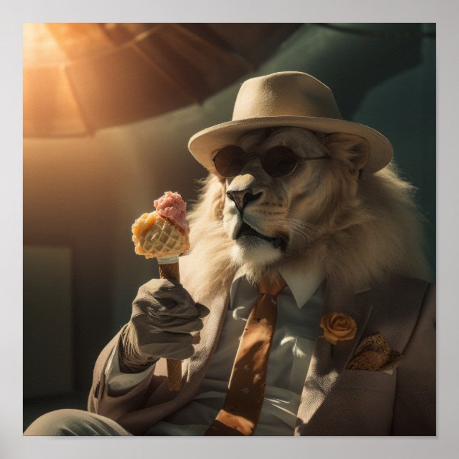 Löwe in Sonnenbrille und Hut, der Eiscreme genießt Poster (Vorne)