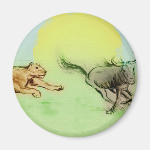 Löwe jagt Büffel in der freien Natur Rundmagnet Magnet
