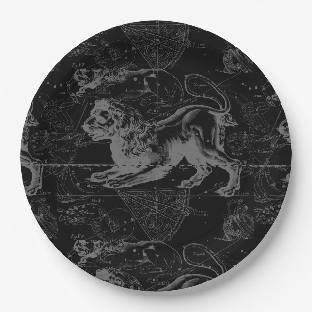 Löwe-Konstellation Hevelius 1690 auf Schwarzem Pappteller (Vorderseite)