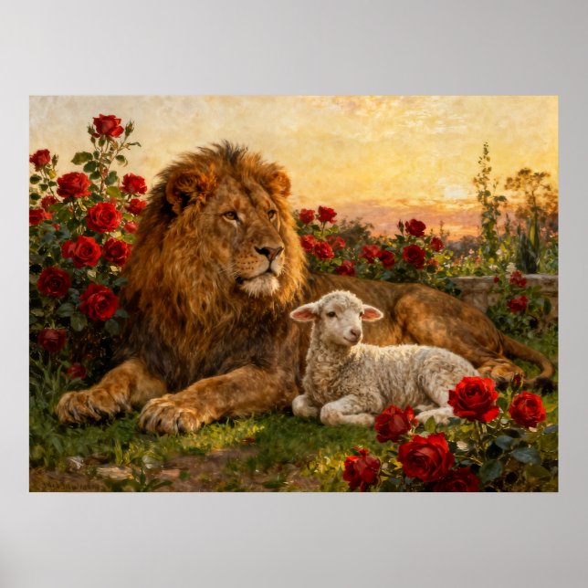 Löwe & Lamm in den Rosen Poster (Vorne)