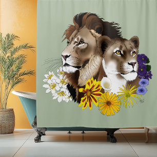 Löwe Löwin Floral Grün Duschvorhang