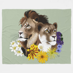 Löwe Löwin Floral Grün Fleecedecke