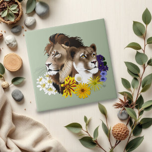 Löwe Löwin Floral Grün  Fliese