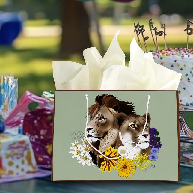 Löwe Löwin Floral Grün  Große Geschenktüte (Von Creator hochgeladen)