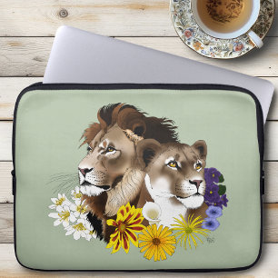 Löwe Löwin Floral Grün Laptopschutzhülle