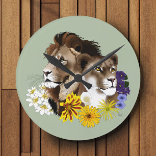 Löwe Löwin Floral Grün Runde Wanduhr