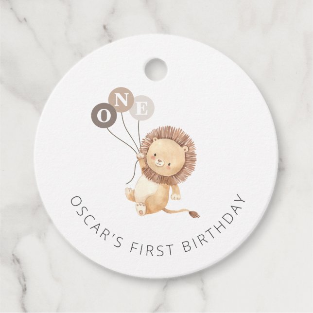 Löwe mit 3 braunen Balloons Geschenkanhänger (Vorderseite)