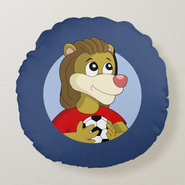 Löwe mit einem Fußball-Cartoon im runden Kissen (Vorderseite)