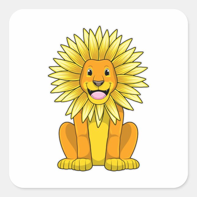 Löwe mit Sonnenblume Blume Quadratischer Aufkleber (Vorderseite)