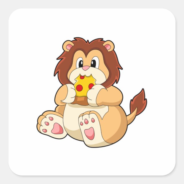 Löwe mit Stück Salami Pizza.PNG Quadratischer Aufkleber (Vorderseite)