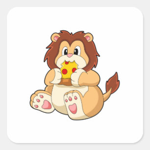 Löwe mit Stück Salami Pizza.PNG Quadratischer Aufkleber
