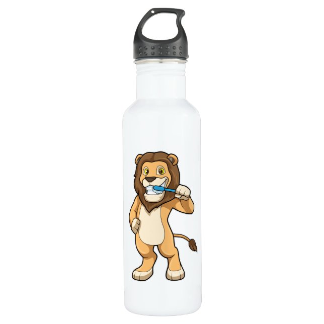 Löwe mit Zahnbürste Edelstahlflasche (Vorderseite)