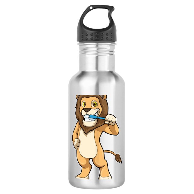 Löwe mit Zahnbürste Edelstahlflasche (Vorderseite)