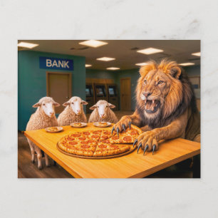 Löwe nimmt den Löwenanteil der Pizza Feiertagspostkarte