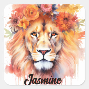 Löwe Pastell Blumen Safari Aquarell Savanne Katze Quadratischer Aufkleber