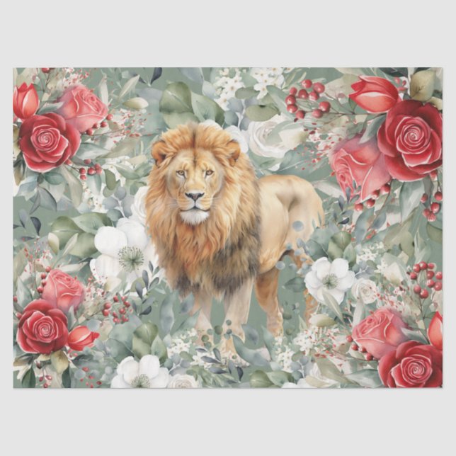 Löwe, Rote Rosen und Eukalyptus-Dekoupage Seidenpapier (Vorderseite)