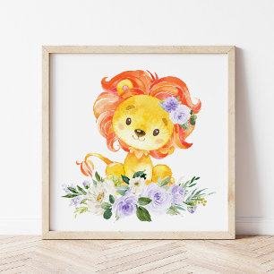 Löwe, Safari, violette Blumen, geschlechtsneutral Fotodruck