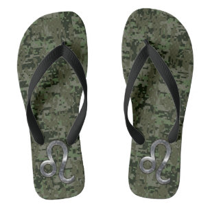 Löwe-Sternzeichen auf olivgrüner digitaler Camoufl Flip Flops