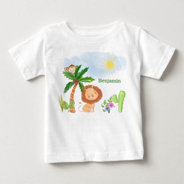 Löwe und Affe in Niedlicher Dschungelszene Baby T-shirt (Vorderseite)