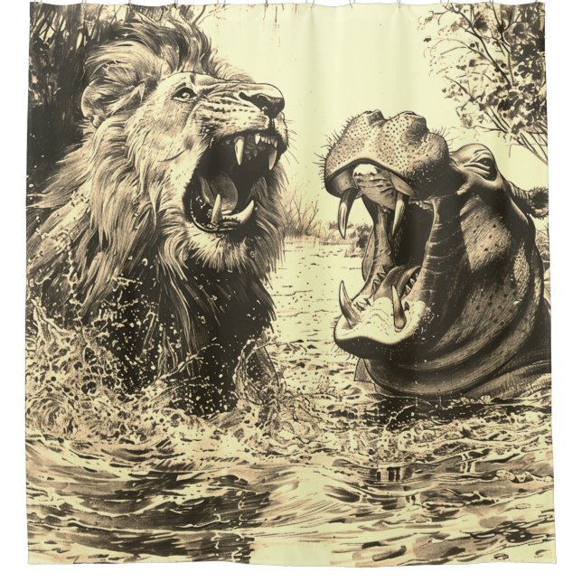 Löwe und ein Hippo-Kampf Duschvorhang (Vorderseite)
