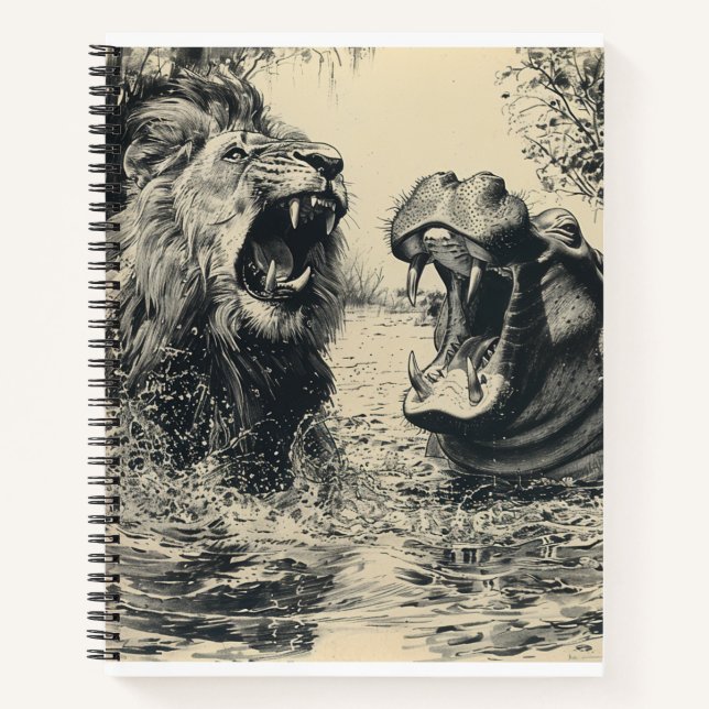 Löwe und ein Hippo-Kampf Notizbuch (Vorderseite)