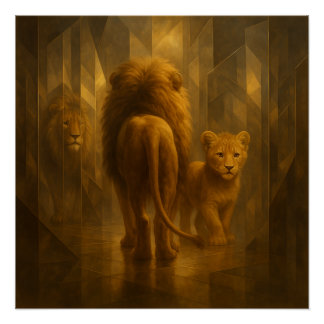 Löwe und Jungtier in einem goldenen Spiegel-Labyri Poster
