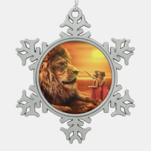 Löwe und kleine Mädchen Schneeflocken Zinn-Ornament