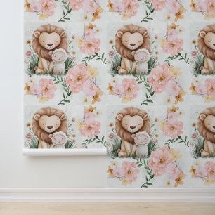 Löwe und Lämmchen mit Blumenmotiven für Kinderzimm Tapete