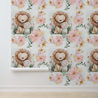 Löwe und Lämmchen mit Blumenmotiven für Kinderzimm Tapete