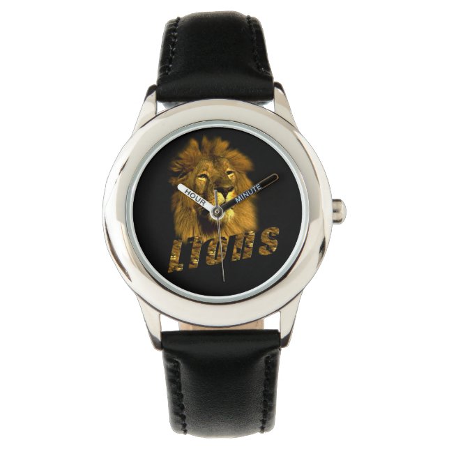 Löwe und Löwe Logo, Kinder schwarze Lederuhr. Armbanduhr (Vorderseite)