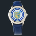Löwe von Judah Emblem Jerusalem Hebräisch Armbanduhr<br><div class="desc">Die blaue Armbanduhr aus Edelstahl mit dem Bild eines blauen und gelben Löwen von Judah mit hellblauen und dunkelblauen Rahmen auf Weiß. Optionale Silber-Uhr-Oberfläche. Sehen Sie dazu die passende quadratische Taste, den quadratischen Charme, den großen runden, hochwertigen Schlüsselanhänger aus Metall, den viereckigen doppelseitigen Acryl-Schlüsselanhänger und die runde Halskette. Sehen Sie...</div>