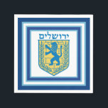 Löwe von Judah Emblem Jerusalem Hebräisch Serviette<br><div class="desc">Eine Packung mit 50 Cocktail-Servietten aus weißem Papier mit dem Bild eines blauen und gelben Löwen von Judah und breiten doppelblauen Rahmen in hellblau auf weiß bestickt. "Jerusalem" wird oben auf dem hebräischen Emblem gedruckt. Siehe dazu passende Stoffservietten und Untersetzer. Die gesamte Hanukkah Napkin Kollektion finden Sie unter der Rubrik...</div>