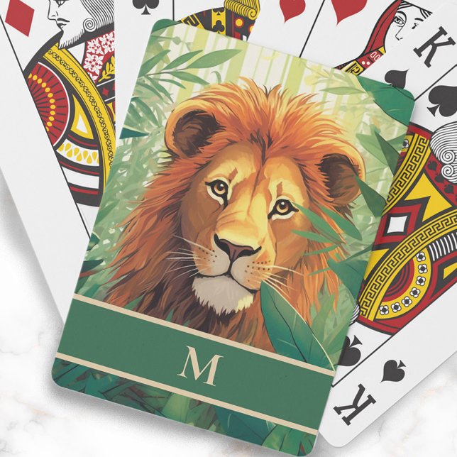 Löwen-Dschungel-Malerei-Monogramm-Initiale Spielkarten (Lion in the jungle painting playing cards, personalized with your monogram)