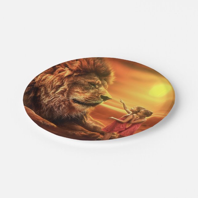 Löwen und kleine Mädchen Pappteller (Schrägansicht)