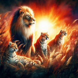 Löwen und Tiger in sonnendurchfluteten, wilden Grä