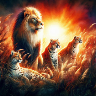 Löwen und Tiger in Sonnenuntergangs-Wildgräsern