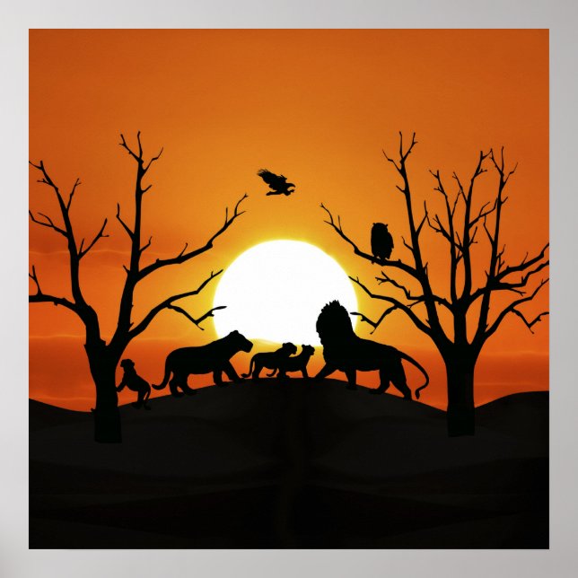 Löwenfamilie bei Sonnenuntergang in Afrika Poster (Vorne)